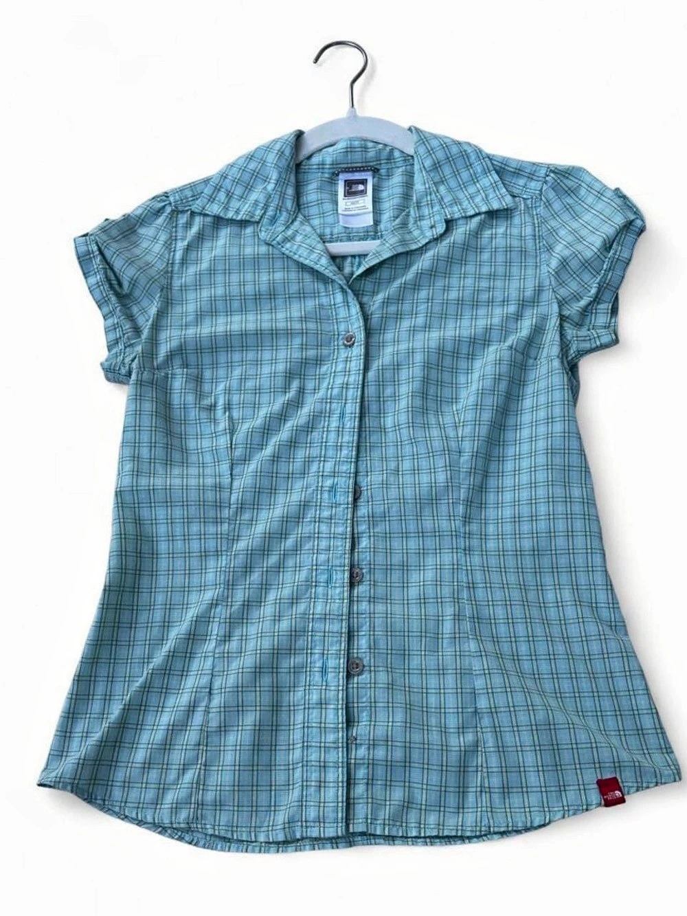 The North Face Short Sleeve Button Down Plaid Shirt Blue & Green XS